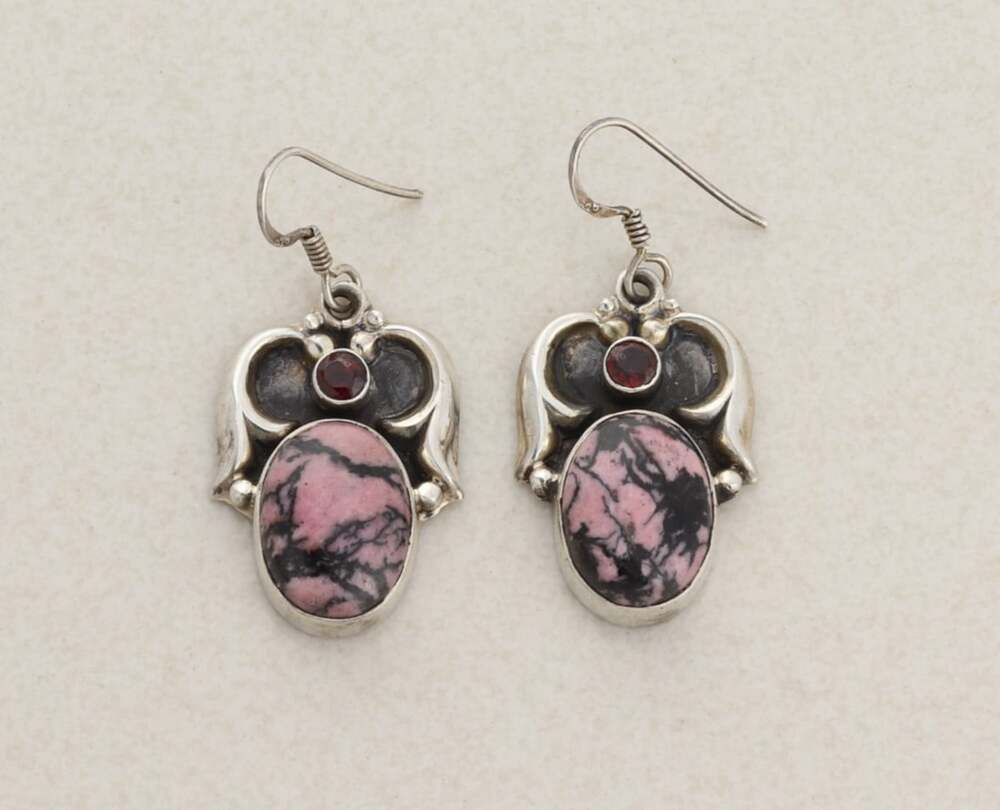 Sterling Silver Natural Rhodonite & Garnet Earrings Dangle Drop 1 5/8" x 3/4"